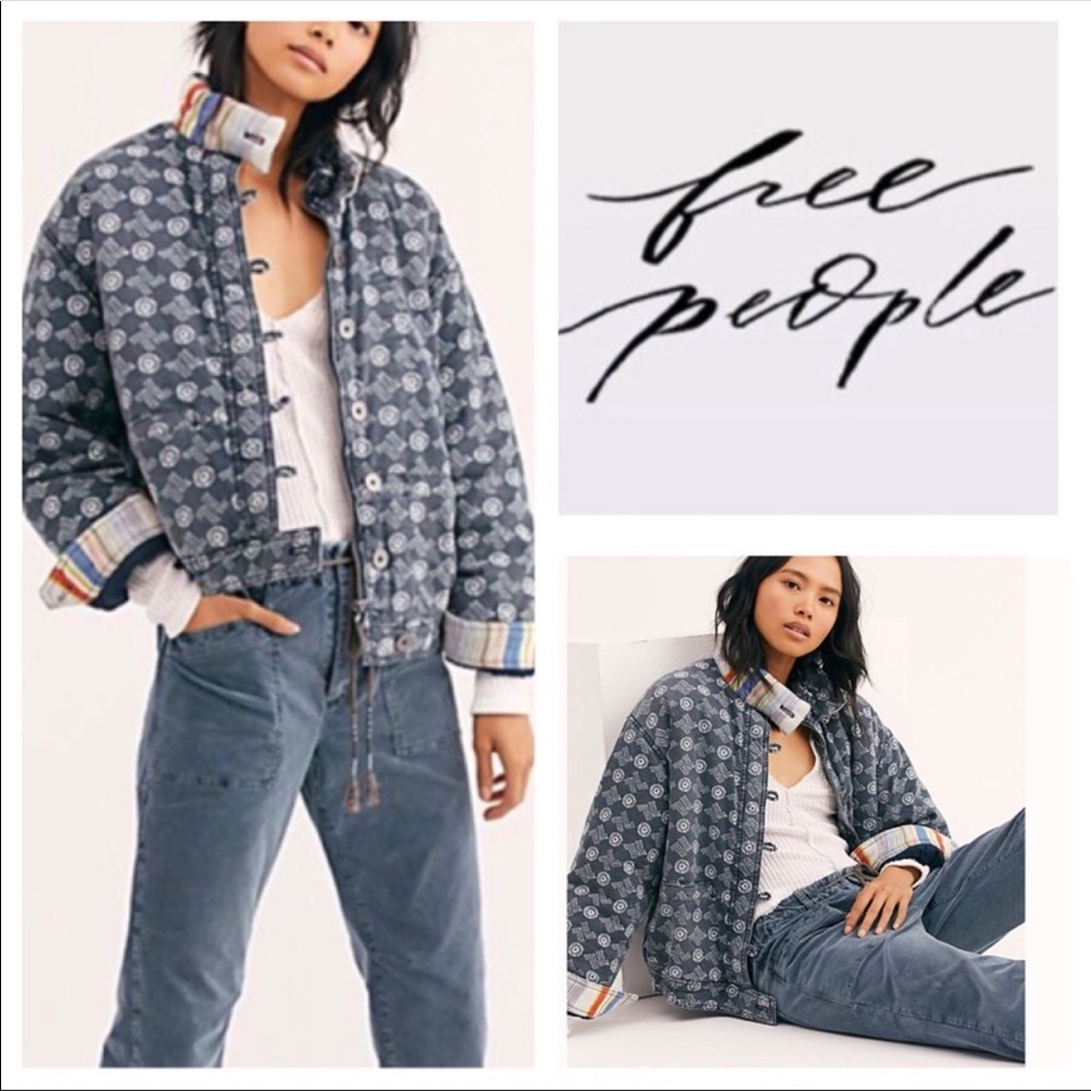 NWT free people | Mackenzie Bomber Jacket Large Indigo Combo Boho Pattern